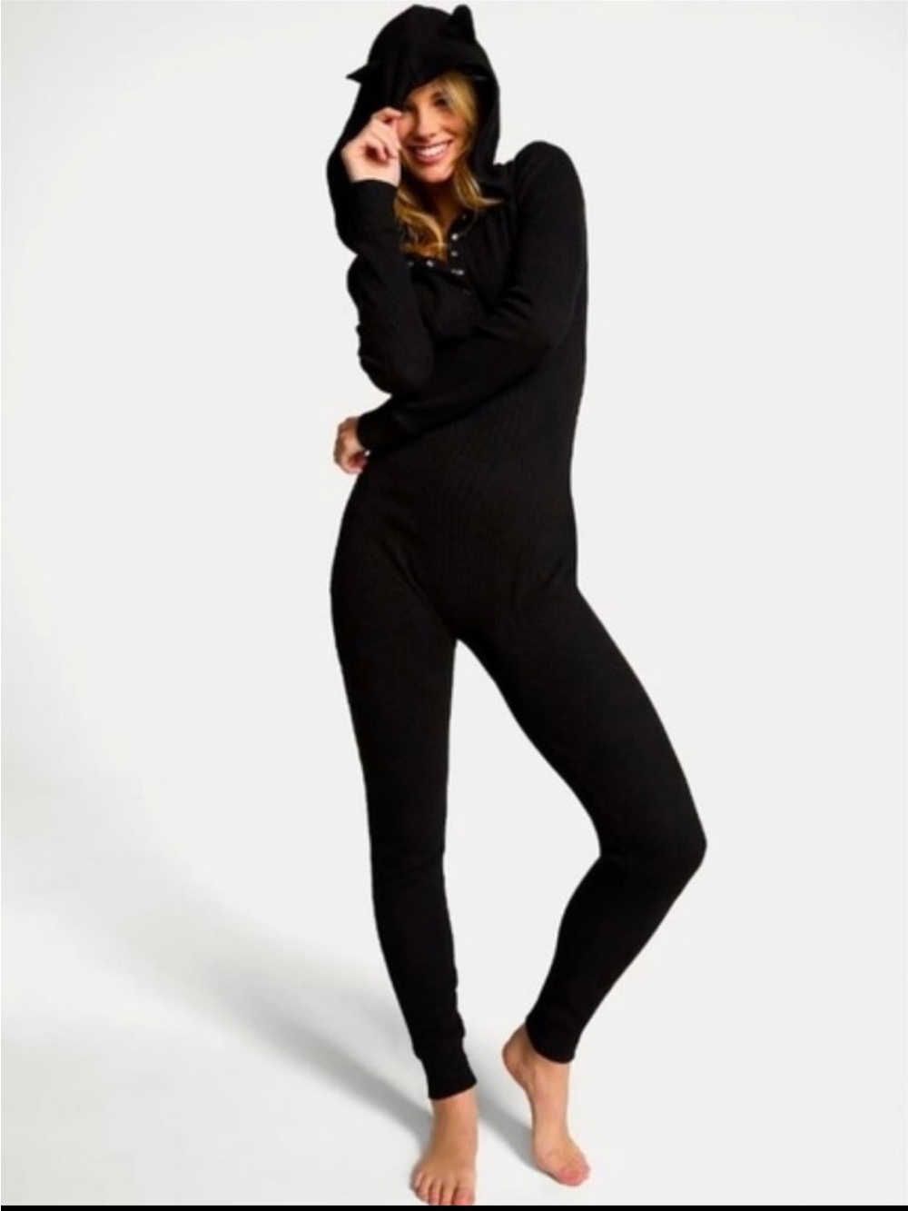 Victoria Secret Pink Cozy Black Cat-Ear Hooded Onesie